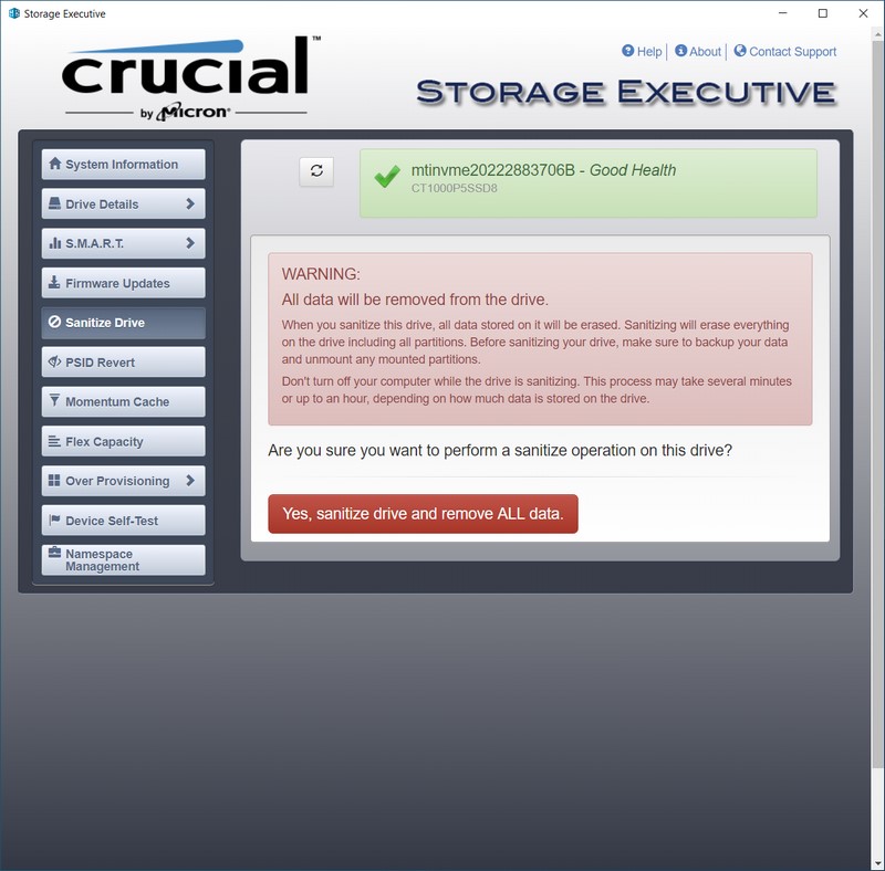 crucial storage executive sanitize drive